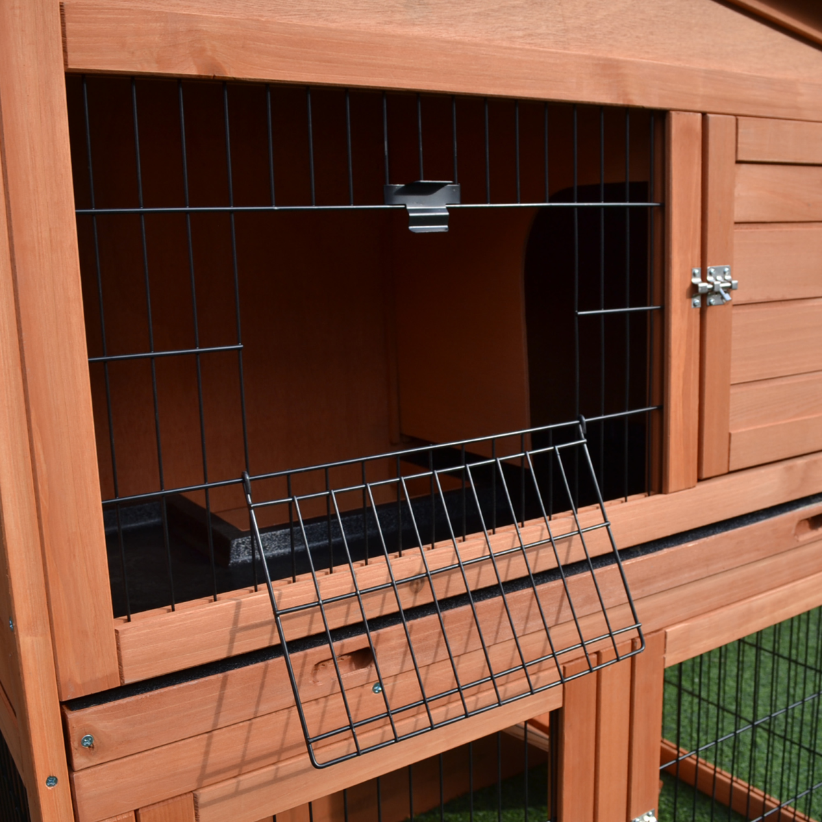 PawHut A-Frame Wooden Rabbit Hutch, 2-Storey Small Animal House with Large Run Area, Removable Divider, Ramp, and Slide-Out Tray