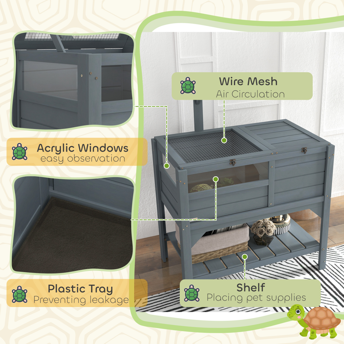 PawHut Wooden Tortoise House with Run, Hide Box, Shelf and Lamp Holder, Grey