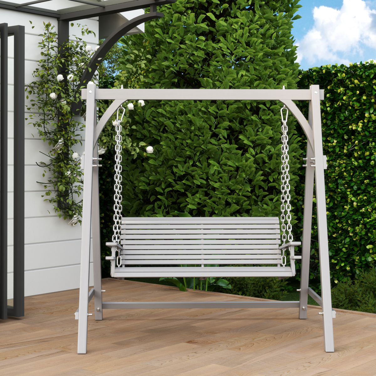 Outsunny 2 Seater Wooden Garden Swing Seat with Cup Trays, Grey