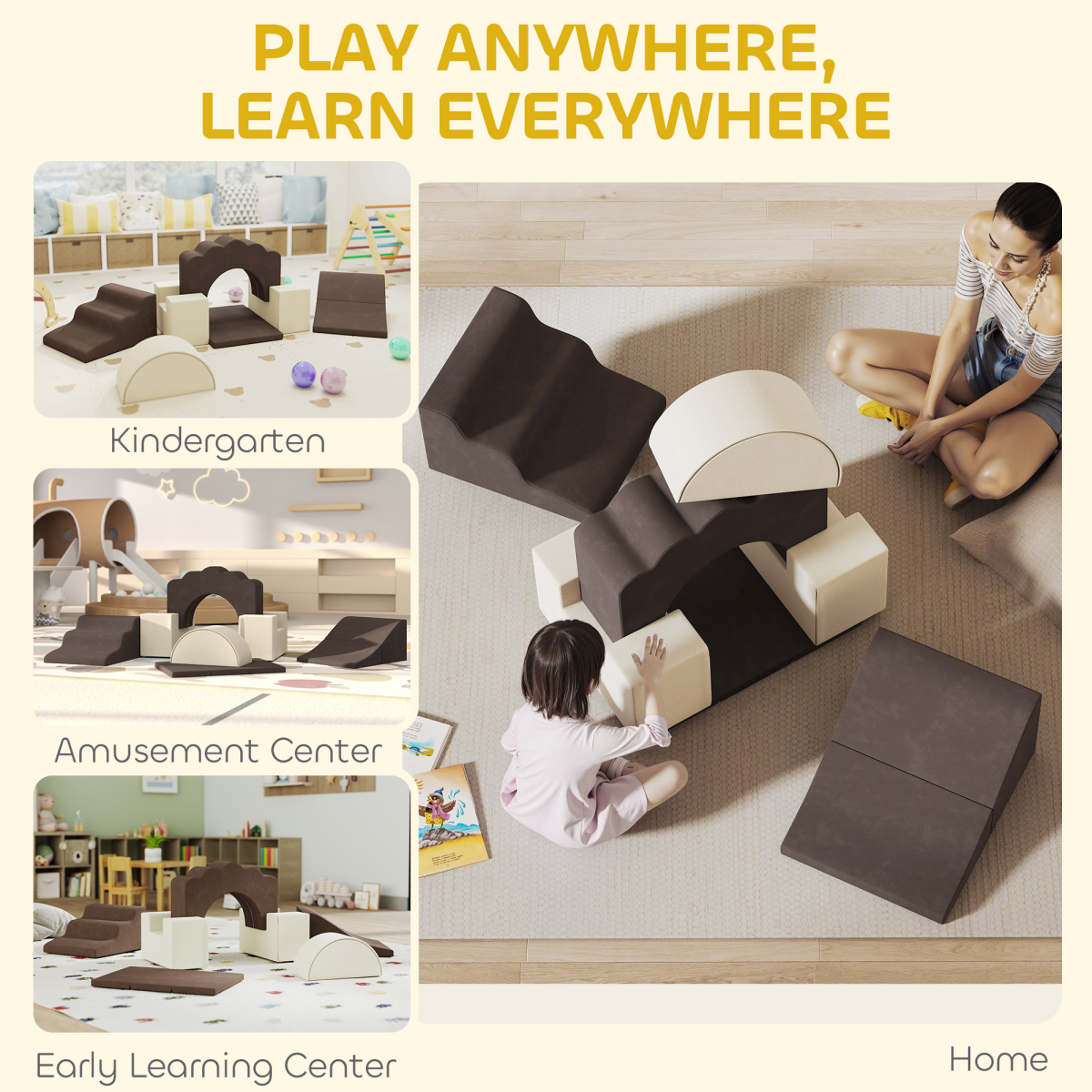 AIYAPLAY Kids Soft Play Set, 7-Piece Foam Climbing Blocks, Brown