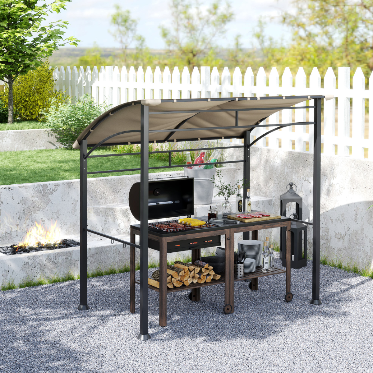 Outsunny 215 x 150cm Weather-Resistant BBQ Gazebo Canopy, Khaki