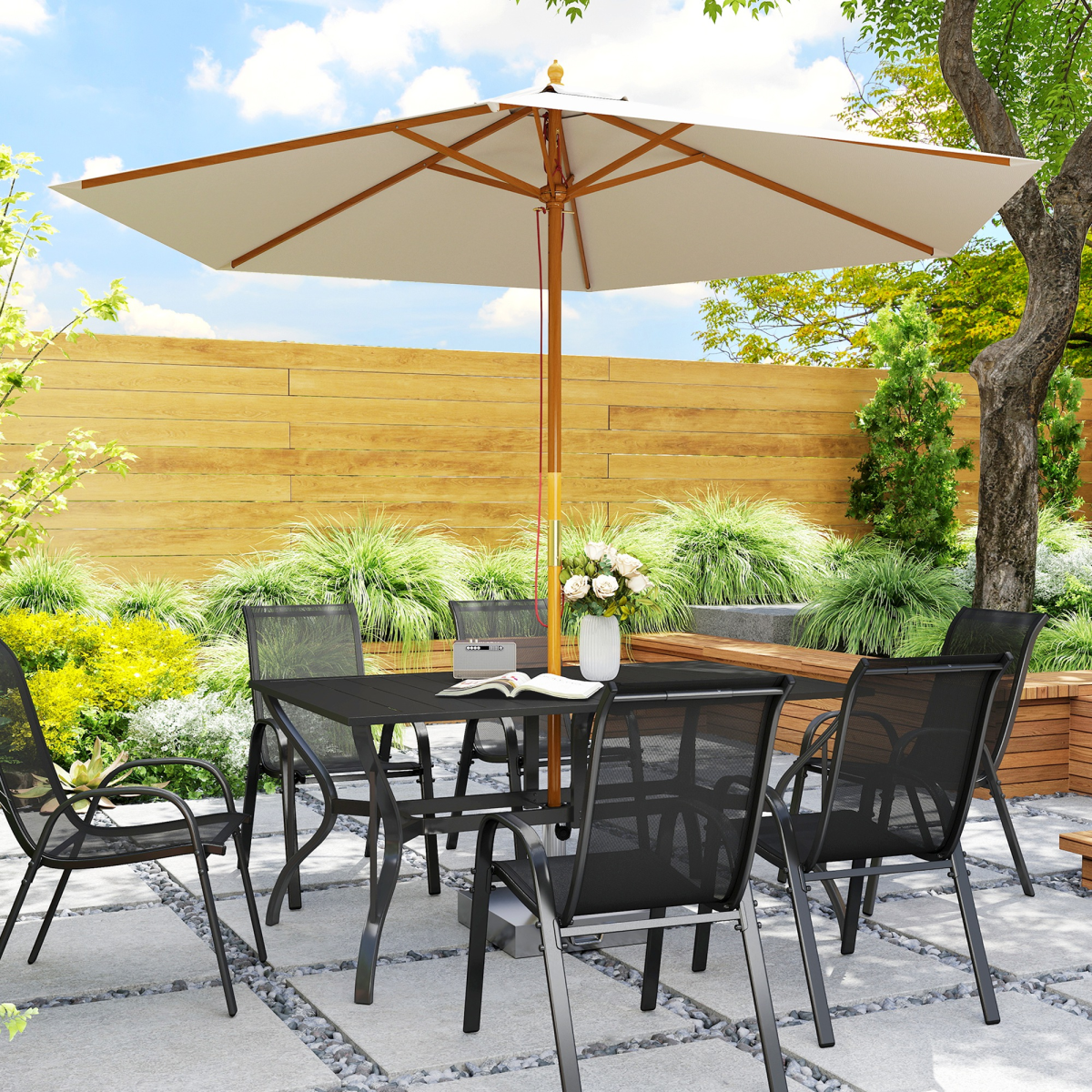Outsunny Garden Dining Table, 150 x 90cm Steel Slatted Top, Black, 6 Seater Balcony Table