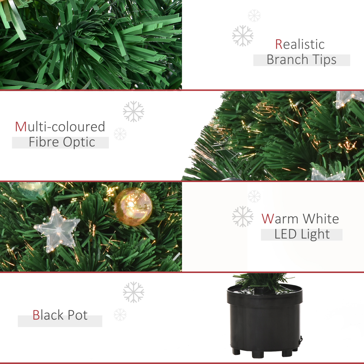 HOMCOM 2FT Pre-Lit Artificial Christmas Tree Tabletop with 60 Warm White LED Lights, Multicolor Fiber Optics, Black Pot, Green