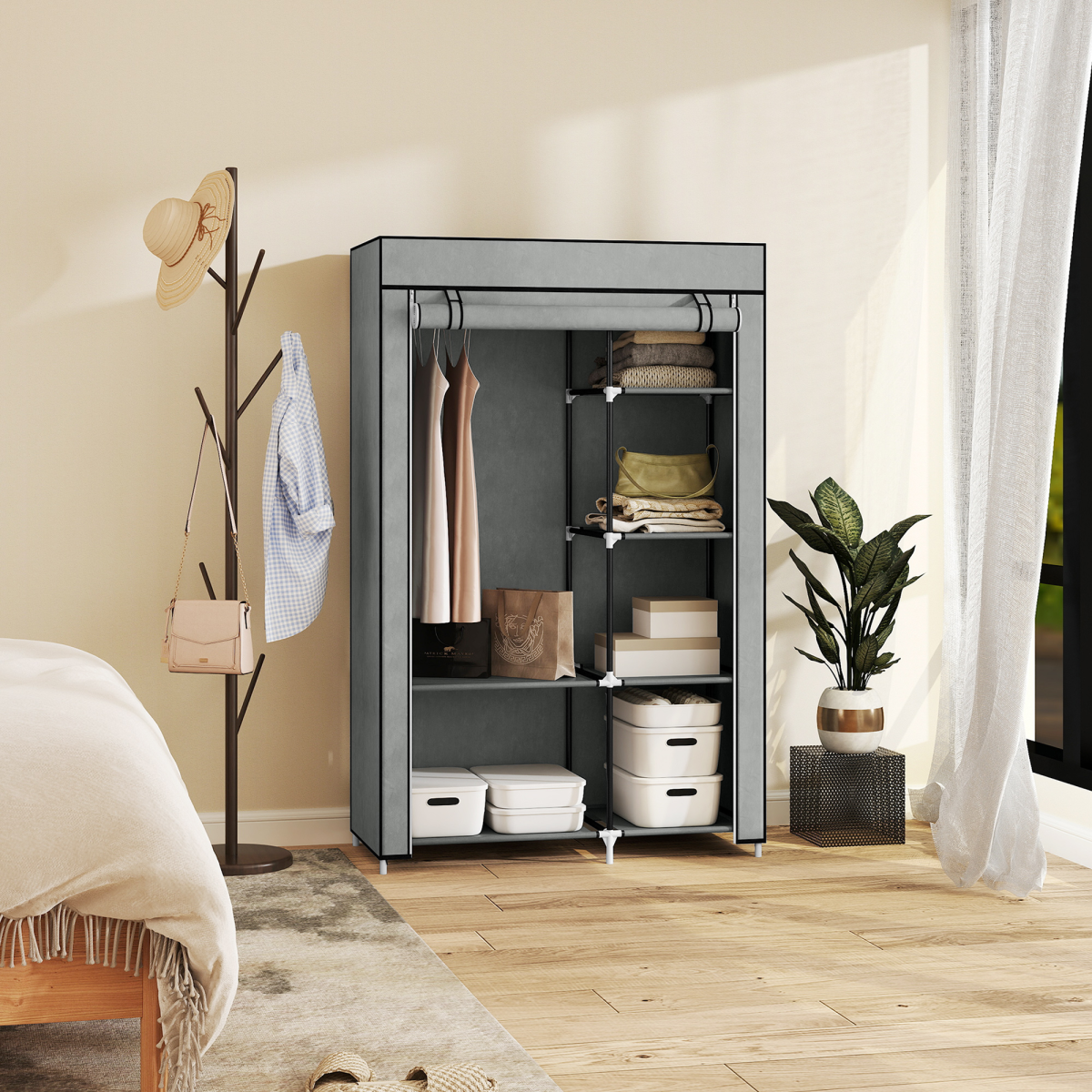Portable Fabric Wardrobe with 6 Shelves, Hanging Rail, Light Grey