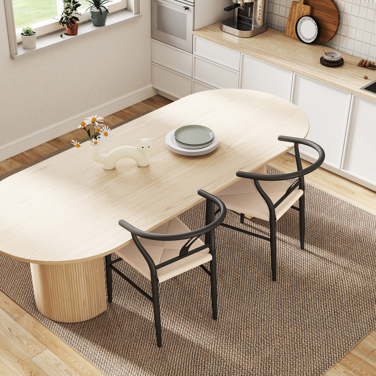 HOMCOM Set of 2 Dining Chairs, Hand-Woven Rope Seat, Black