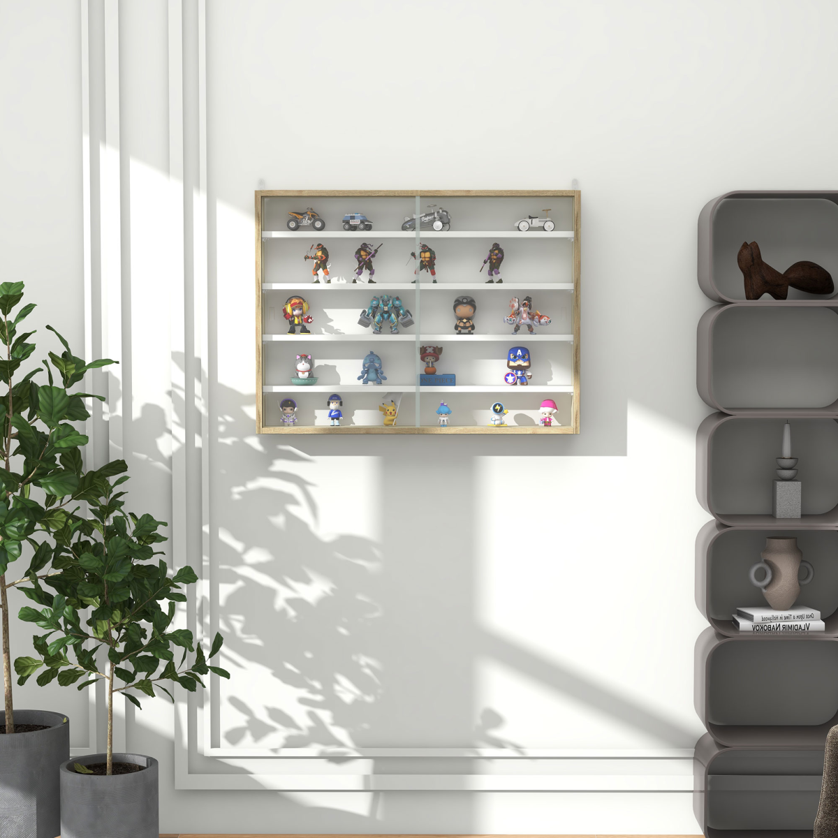 HOMCOM 5-Tier Wall Display Cabinet with Glass Doors, Natural/White