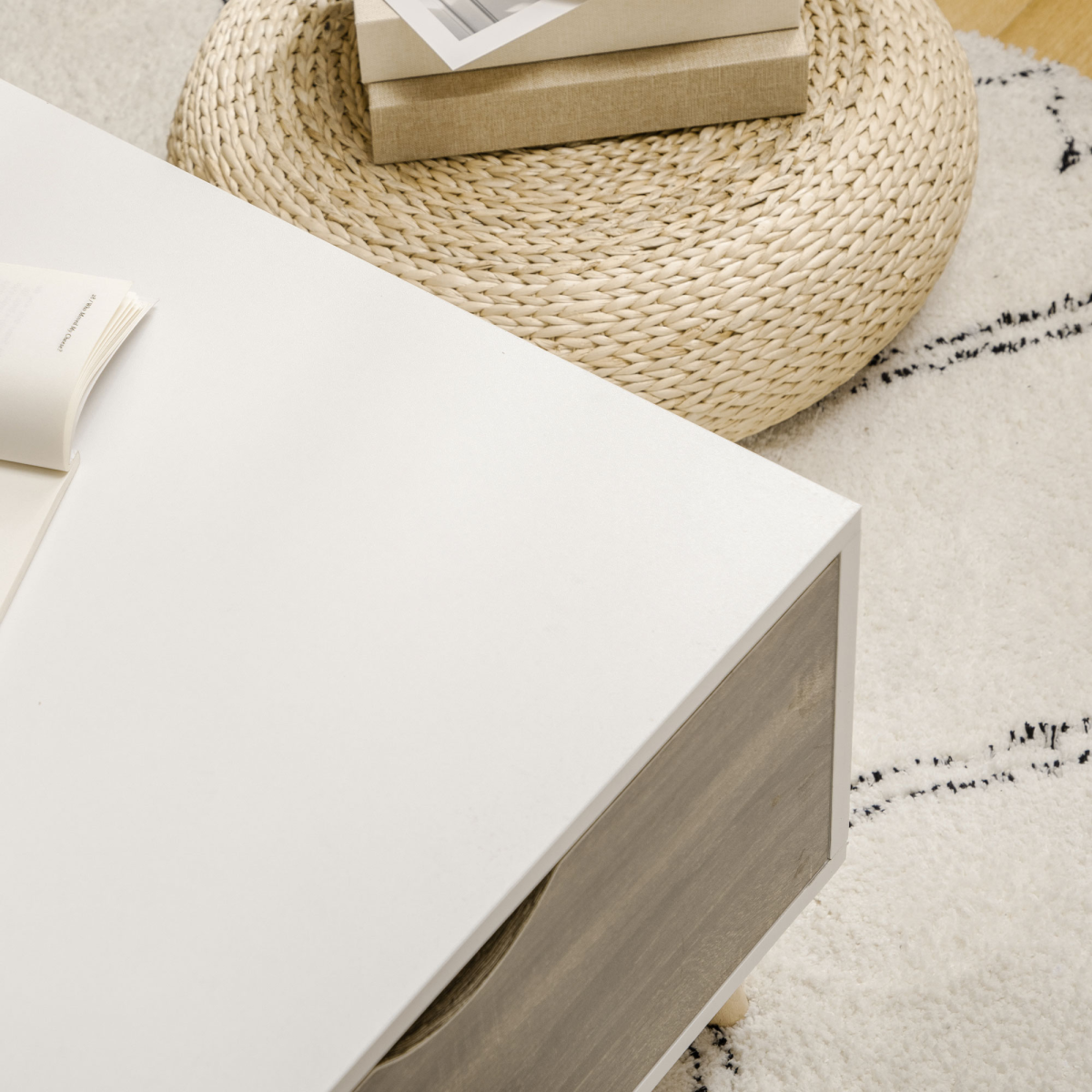 Modern White Coffee Table with Storage Shelves and 2 Drawers