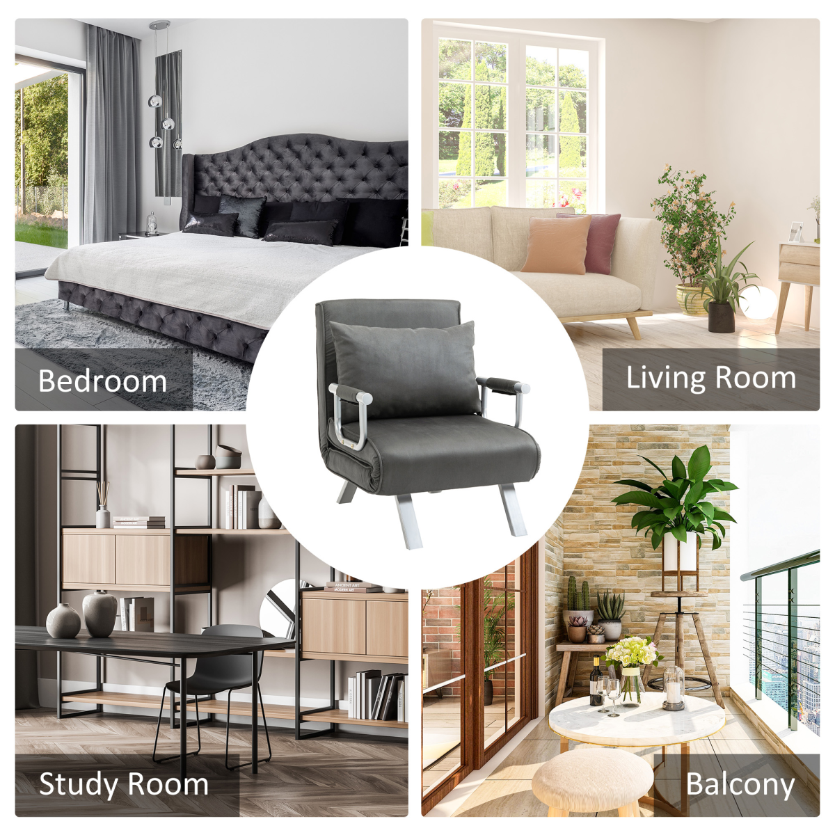 Foldable Sofa Bed Armchair Sleeper Lounge Chair with Adjustable Back, Dark Grey