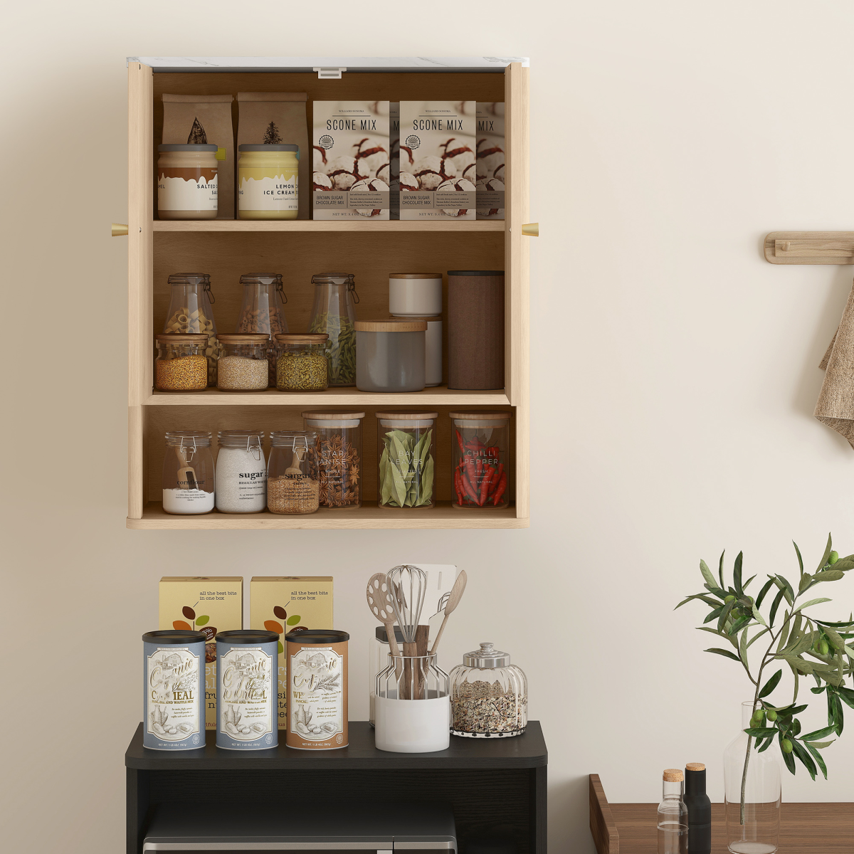 HOMCOM Bathroom Wall Cabinet with Adjustable Shelf, Open Shelf, Oak