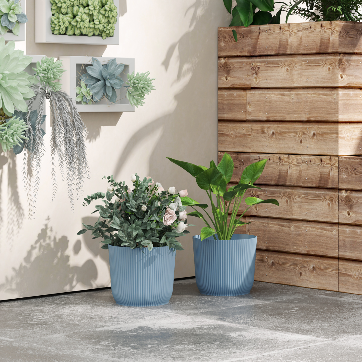 Outsunny Set of 2 Round Plant Pots, 22cm, Blue