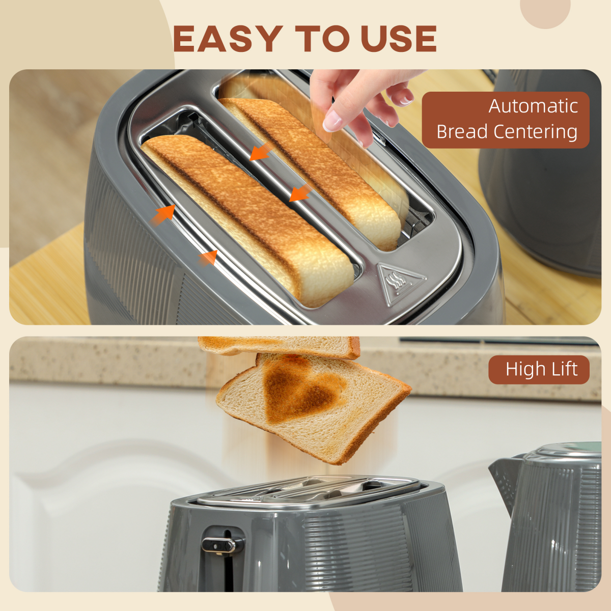 HOMCOM 1.7L Fast Boil Electric Kettle & 2-Slice Toaster Set, Grey