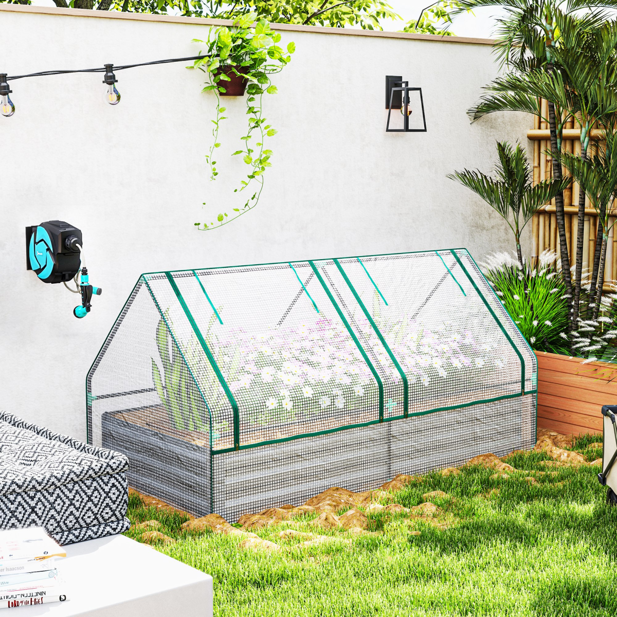 Outsunny Raised Garden Bed Planter with Mini Greenhouse, White/Grey