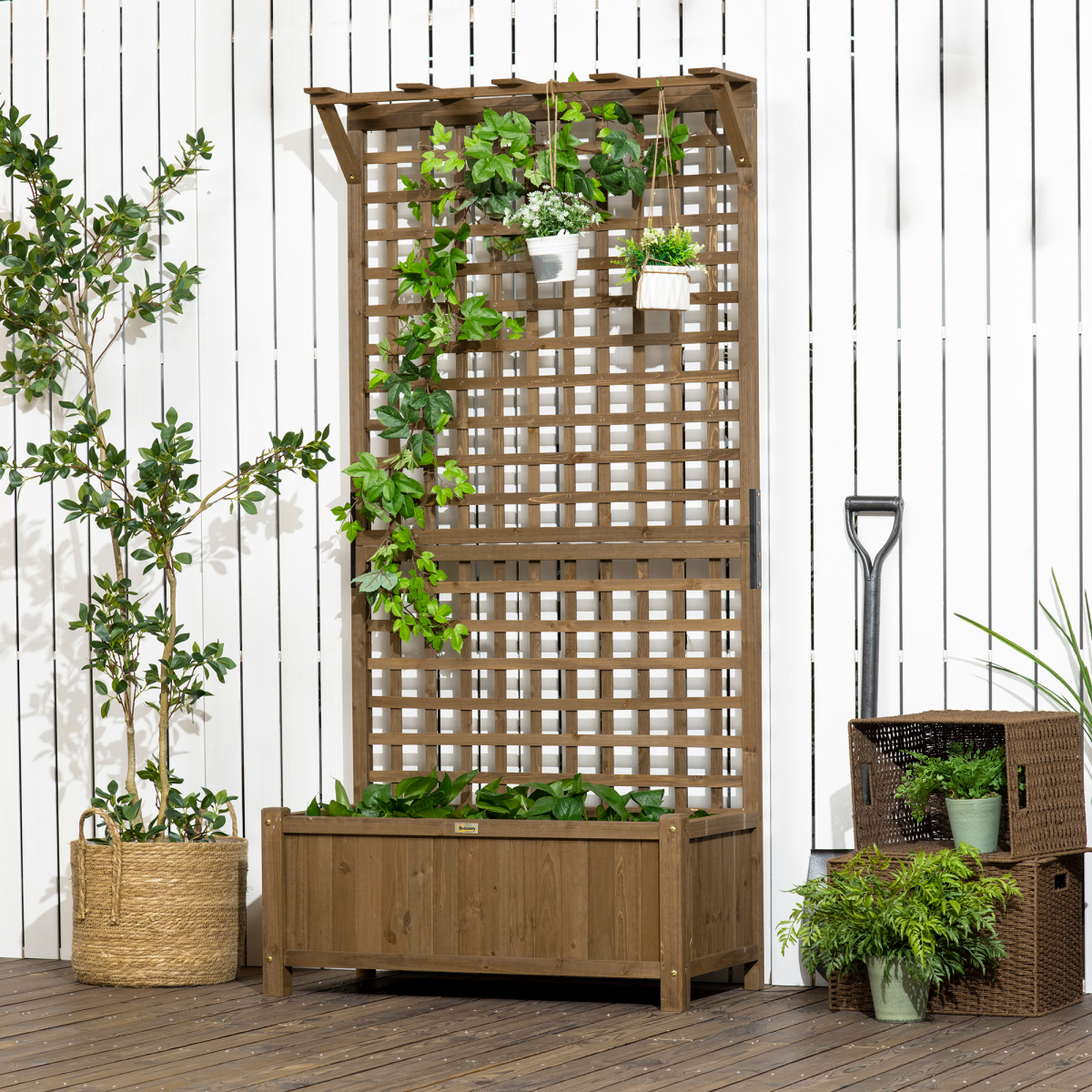 Outsunny Wooden Raised Garden Bed with Trellis and Drain Holes