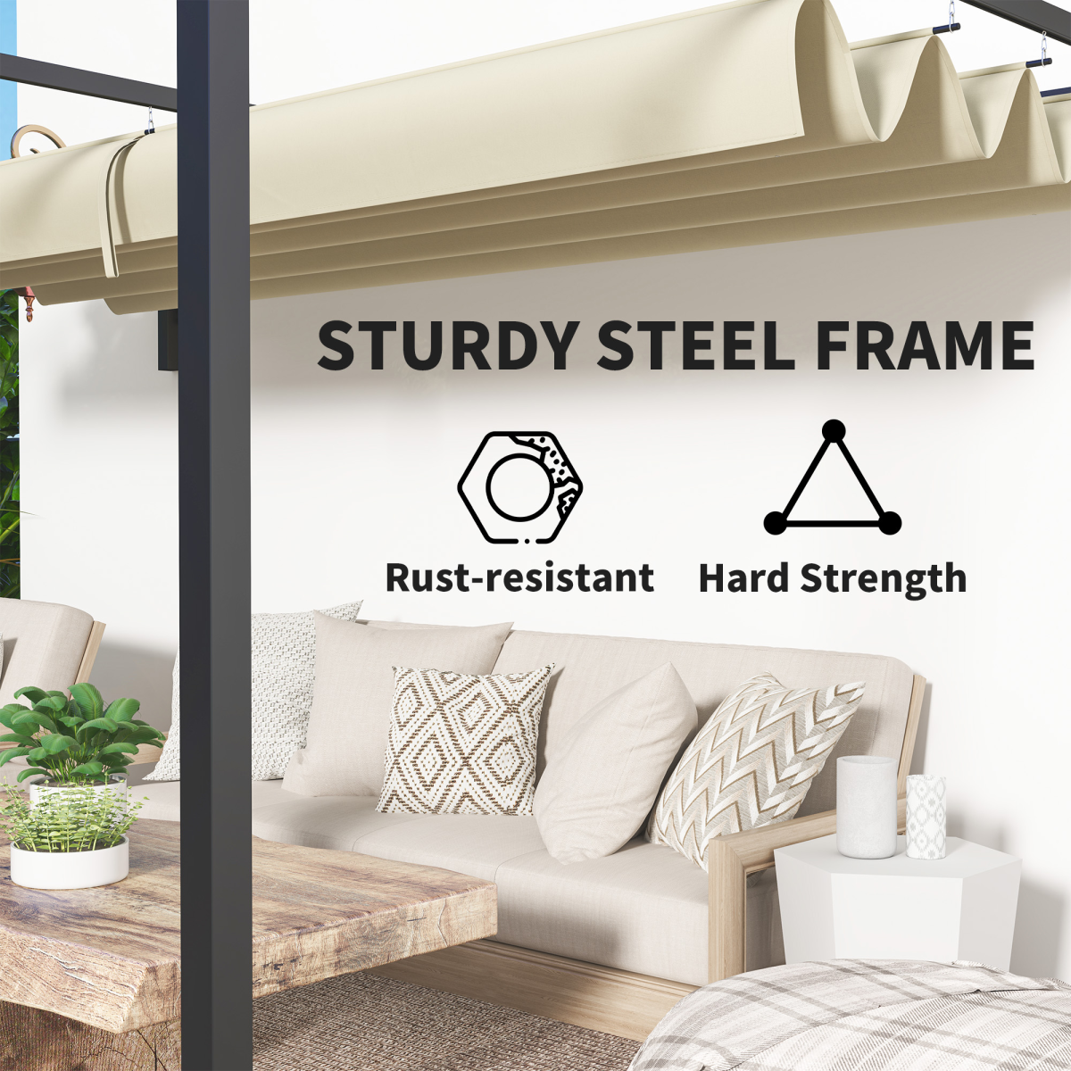 Outsunny 3 x 4m Wall-Mounted Pergola with Retractable Roof, Khaki