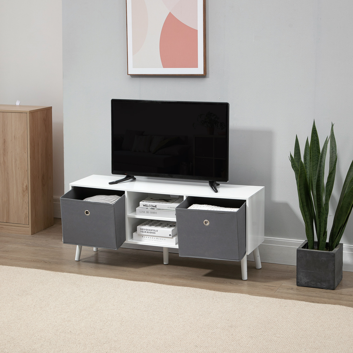 HOMCOM Modern TV Cabinet Stand with 2 Fabric Drawers, 2 Shelves, Cable Holes, Fits TVs up to 50in