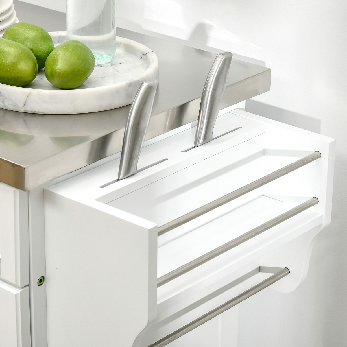 HOMCOM Rolling Kitchen Island Cart with Drawer, Storage Cabinet, Towel Rail, Knife Rack, Spice Rack, Stainless Steel Worktop, White