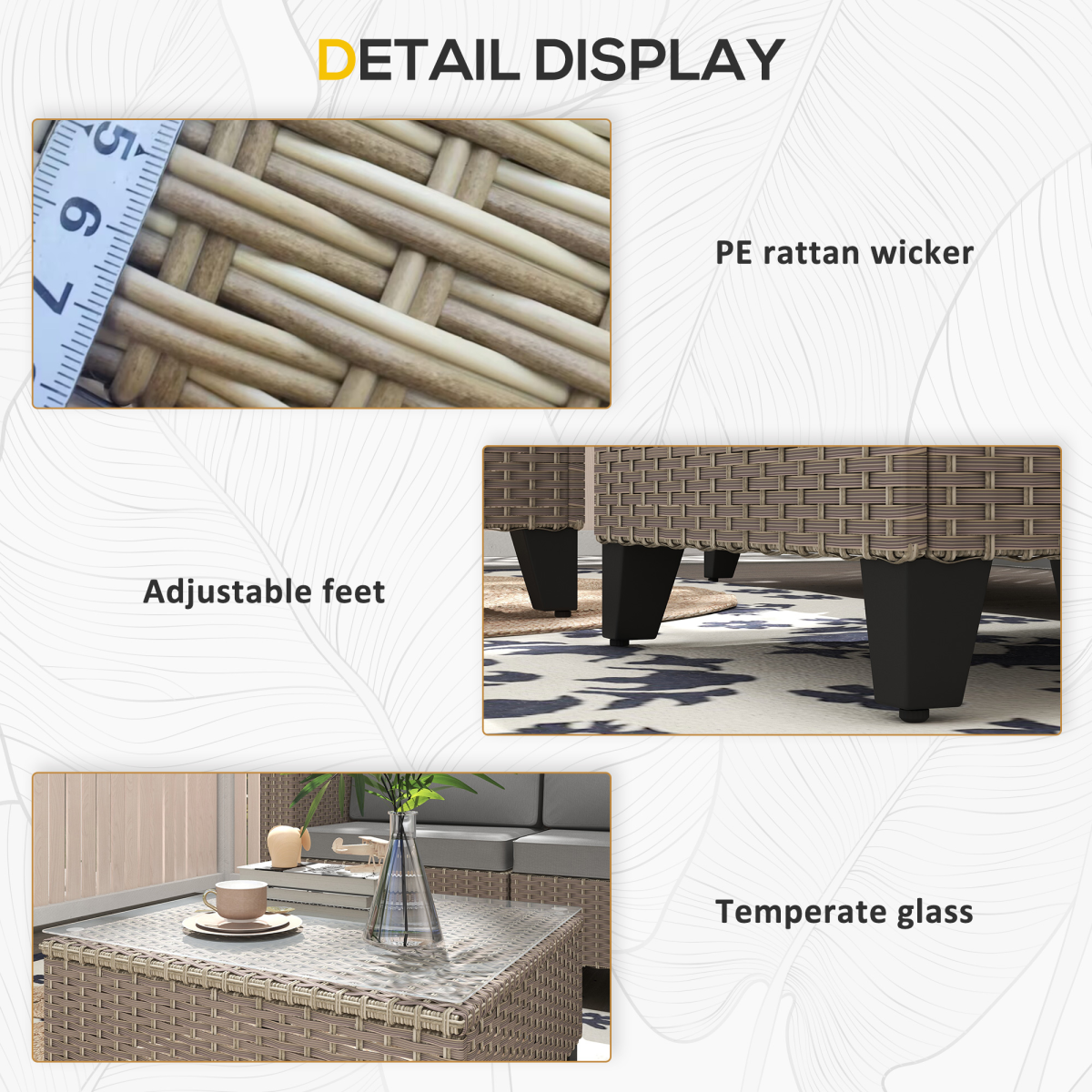 Outsunny 5 Piece Rattan Garden Furniture Set with Glass Top Coffee Table and Cushions, Brown
