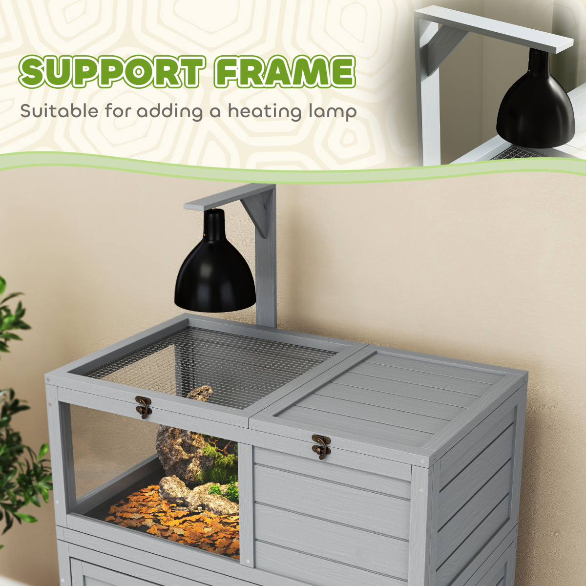 PawHut Tortoise House with Storage Cabinet, Openable Top & Lamp Holder