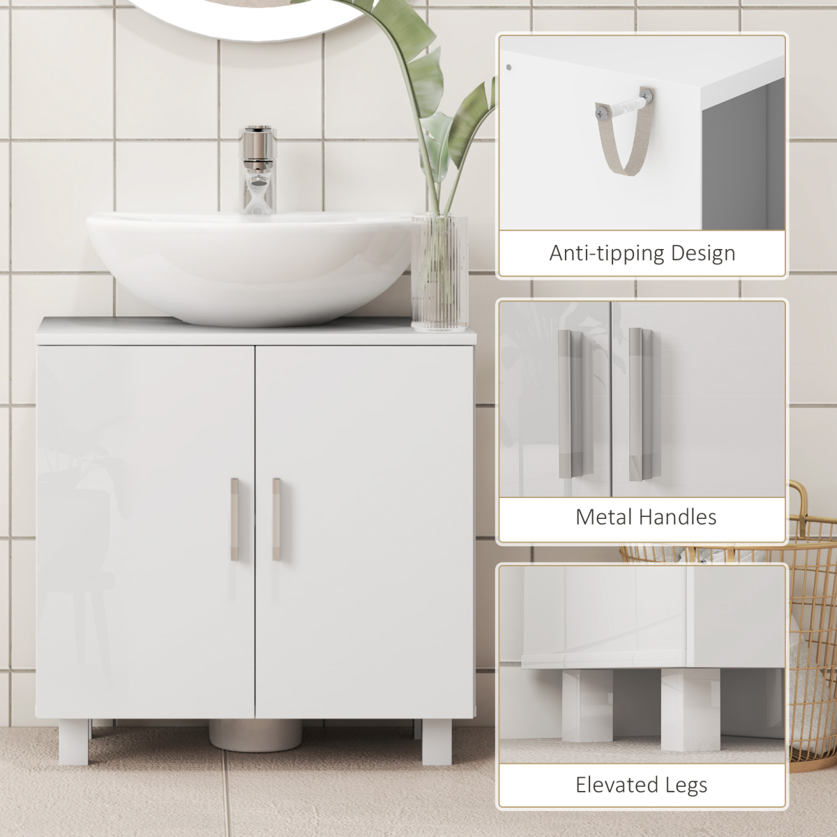 HOMCOM Freestanding High Gloss White Under Sink Cabinet for Pedestal Sinks