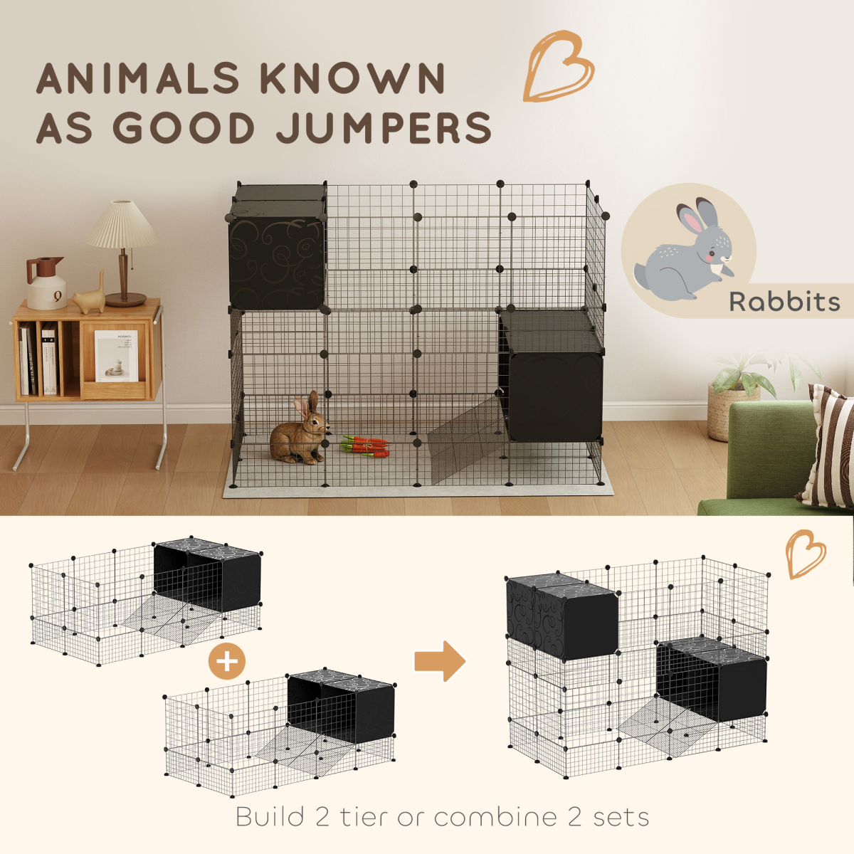 PawHut DIY Small Animal Cage with Elevated Huts for Guinea Pigs, Hedgehogs