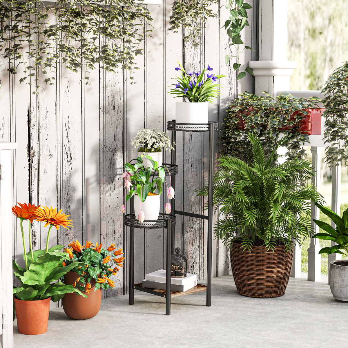 Outsunny 4-Tier Plant Pot Stand, Metal and Fir Wood Plant Shelf, Black