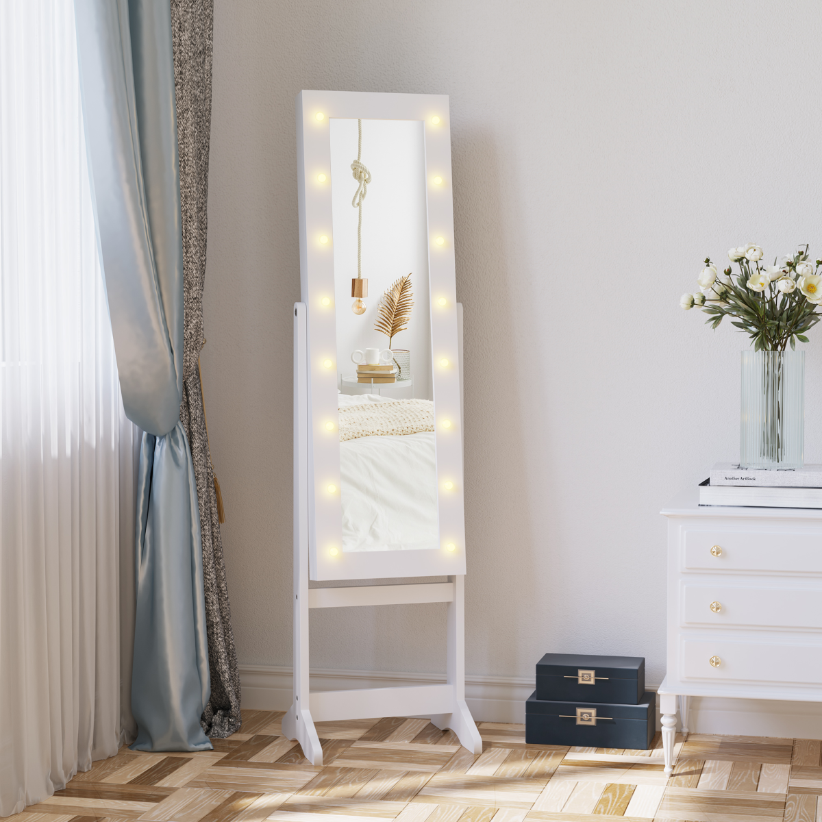 HOMCOM LED Mirrored Jewellery Cabinet with Full-Length Adjustable Mirror, Jewellery Storage Organizer, White, 36 x 30 x 136 cm