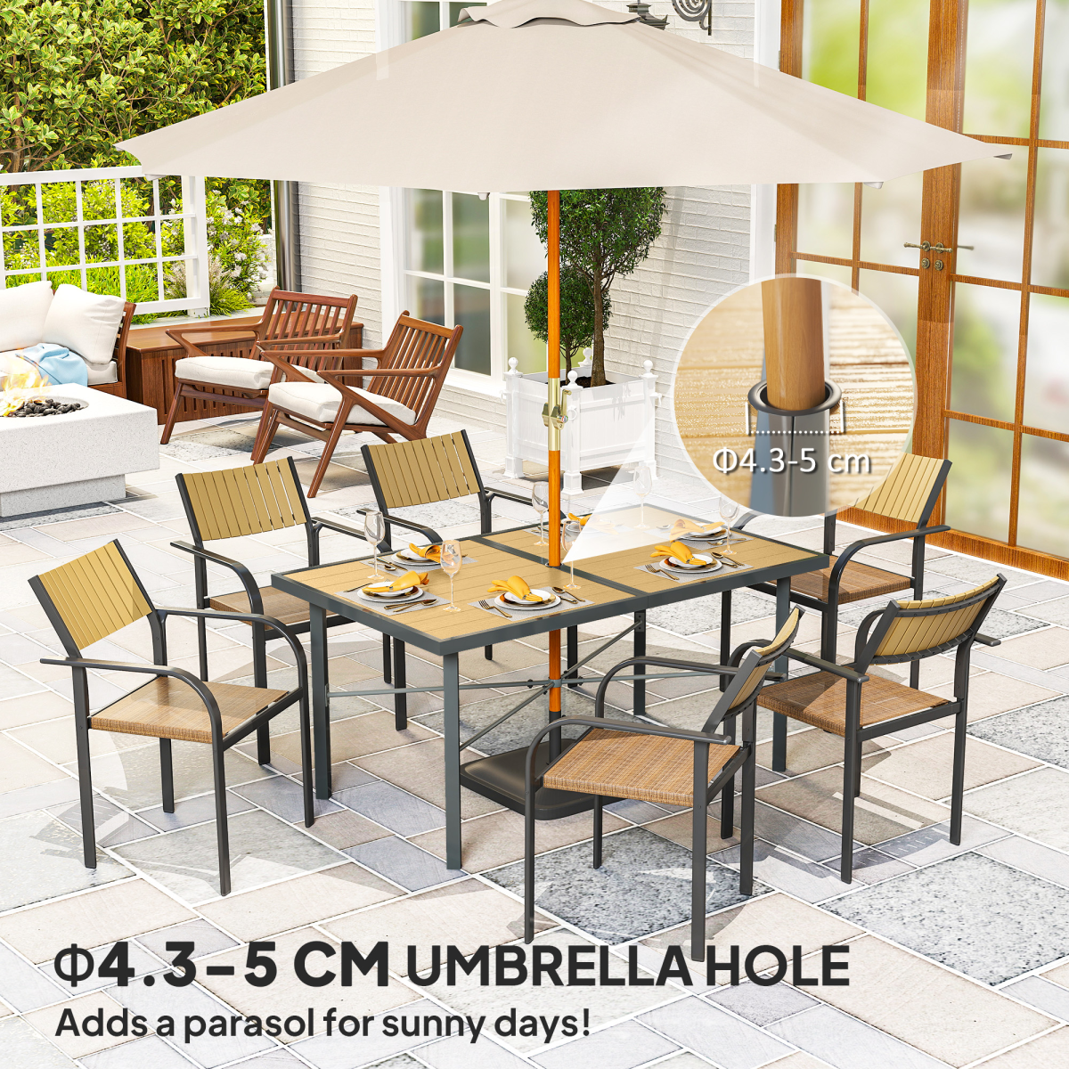 Outsunny Outdoor Garden Dining Table for 6 with Umbrella Hole