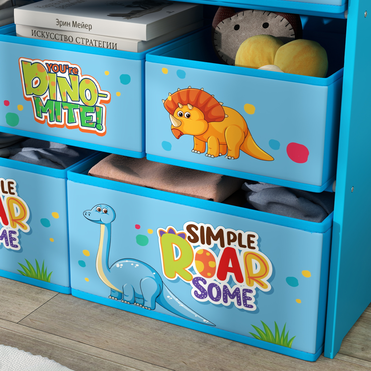 AIYAPLAY 3-Tier Dinosaur Toy Organiser Shelf with 9 Storage Boxes, Blue