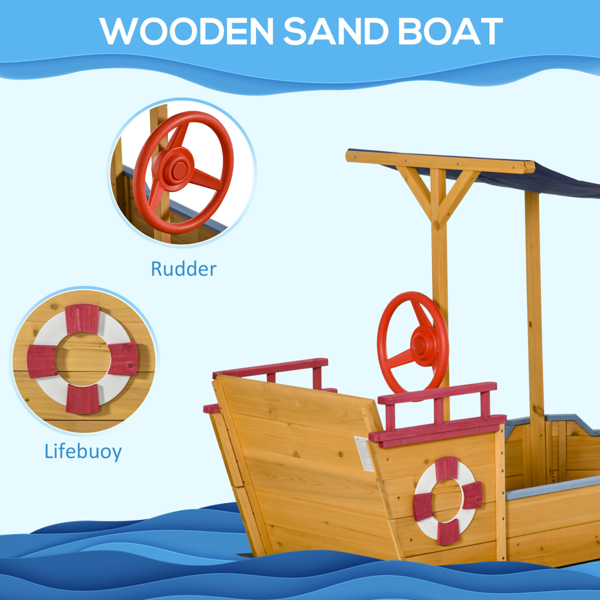 Kids Wooden Pirate Sandboat Sandbox with Canopy Shade and Storage