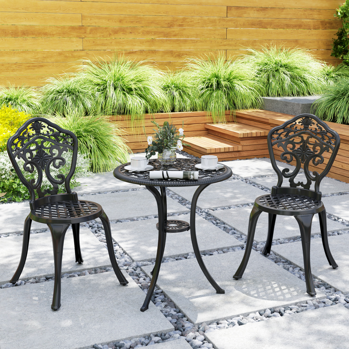 Outsunny 3-Piece Cast Aluminium Bistro Set with Parasol Hole, Black