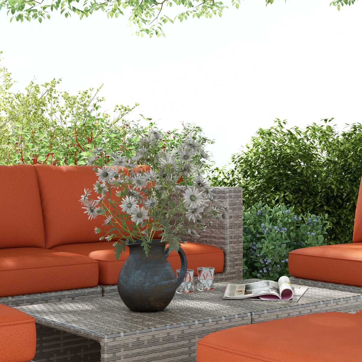 Outsunny 8-Piece Outdoor Patio Rattan Furniture Set with Cushioned Chairs, Footstools and Square Tables