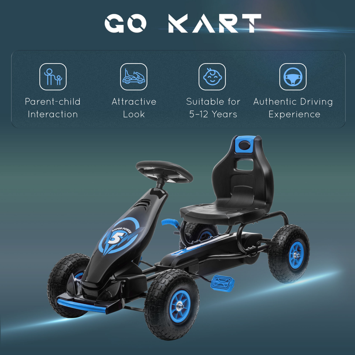 HOMCOM Children Pedal Go Kart, Adjustable Seat, Brake, Blue