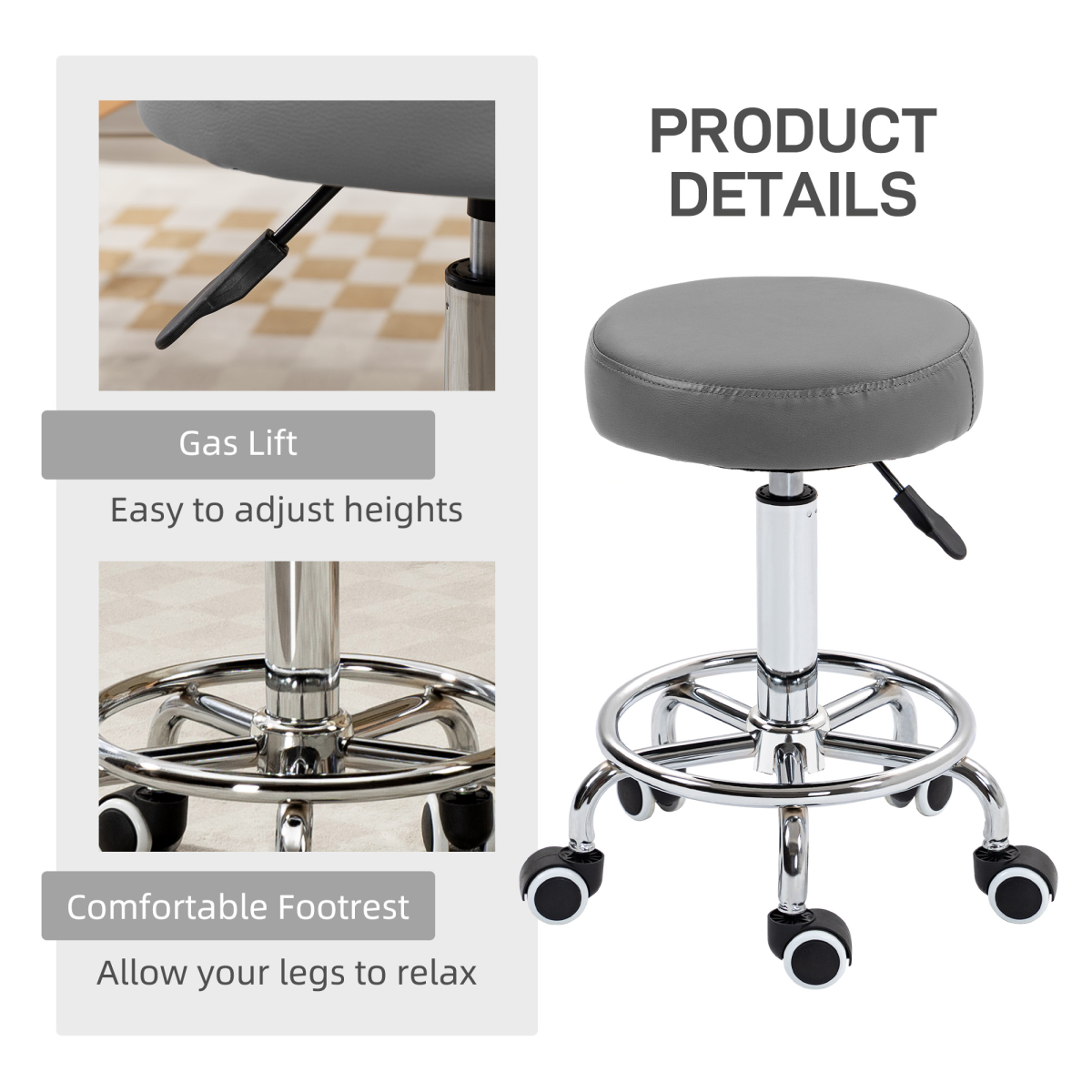 Vinsetto Round PU Leather Adjustable Salon Stool with Footrest, Grey