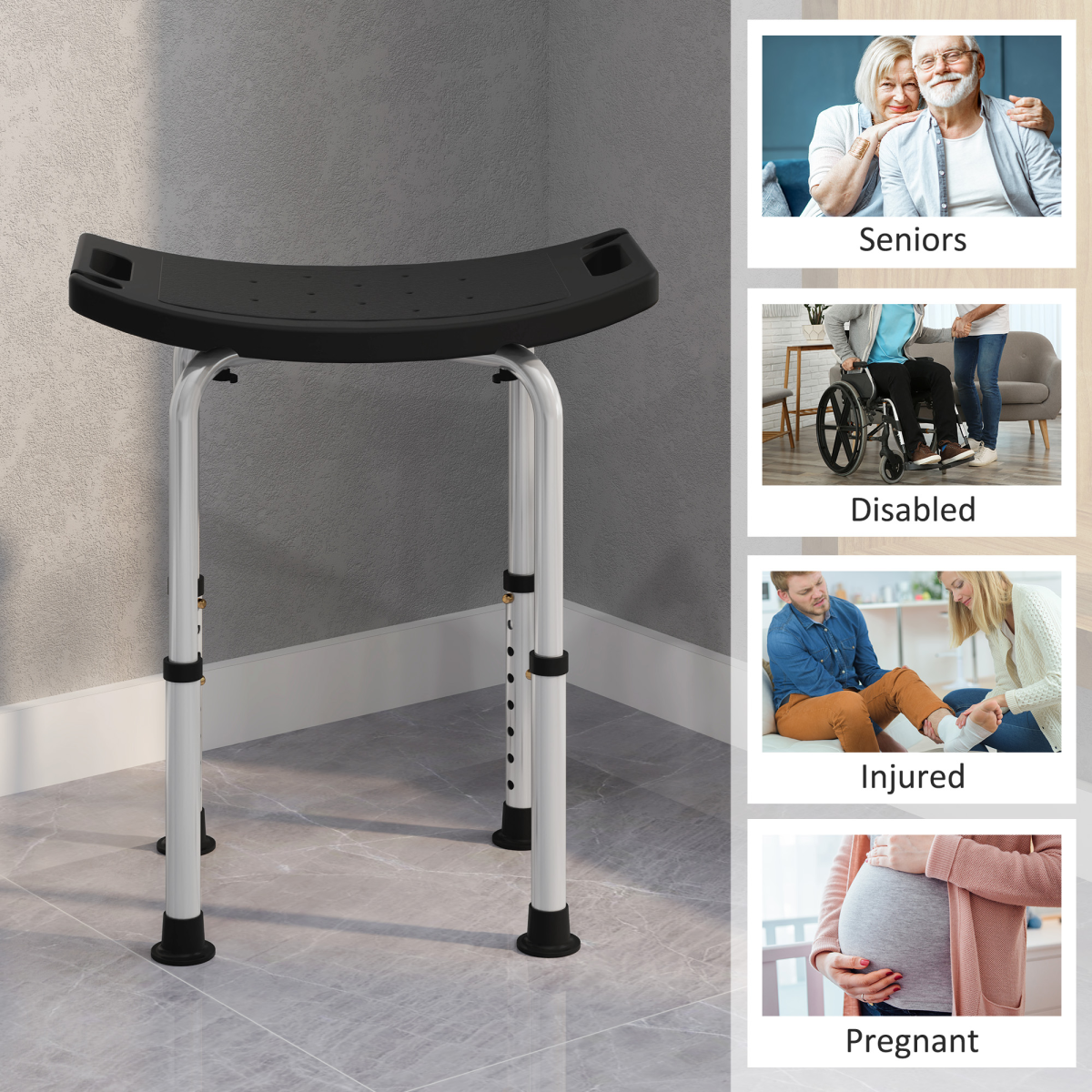 HOMCOM Adjustable Height Non-Slip Aluminium Shower Stool, Black