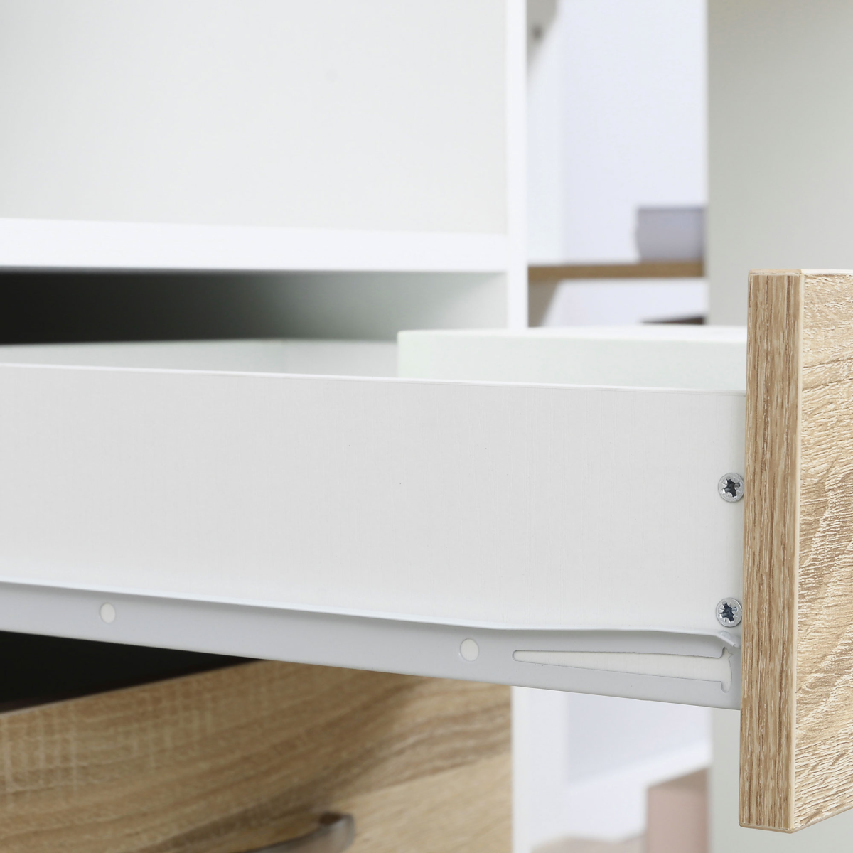 Multi-Storage Workstation Desk with Side Shelves, 2-Drawer Cabinet and Printer Space, Home Office Desk, Oak