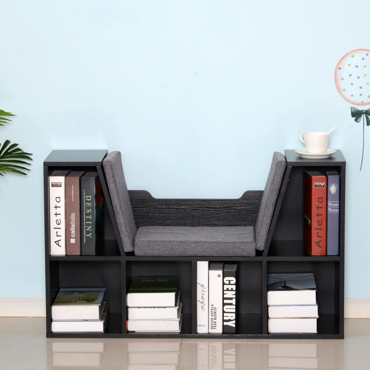 HOMCOM Kids Reading Seat Bookcase Storage Unit with Cushion Black