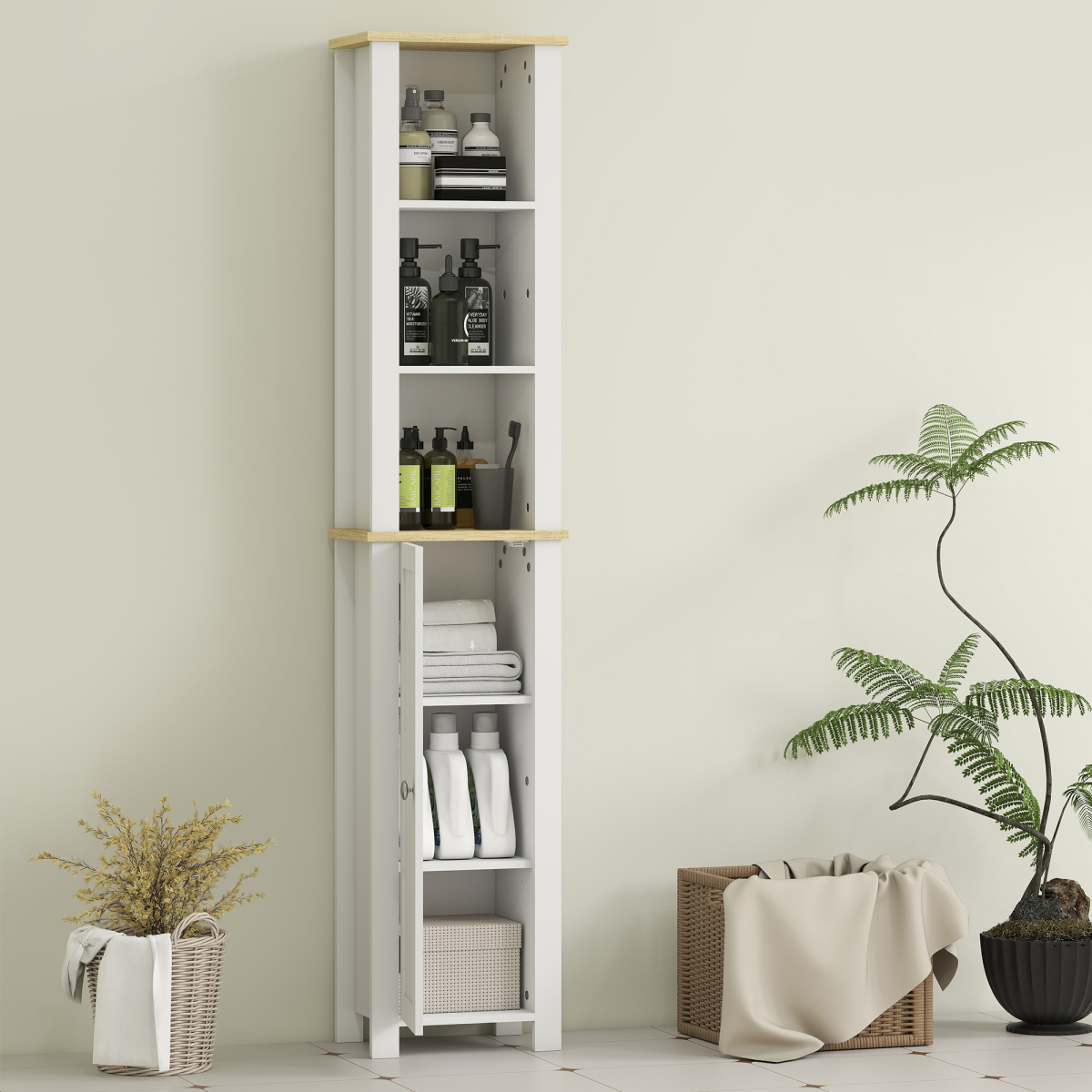 kleankin Slim Bathroom Storage Cabinet with Open Shelf, White