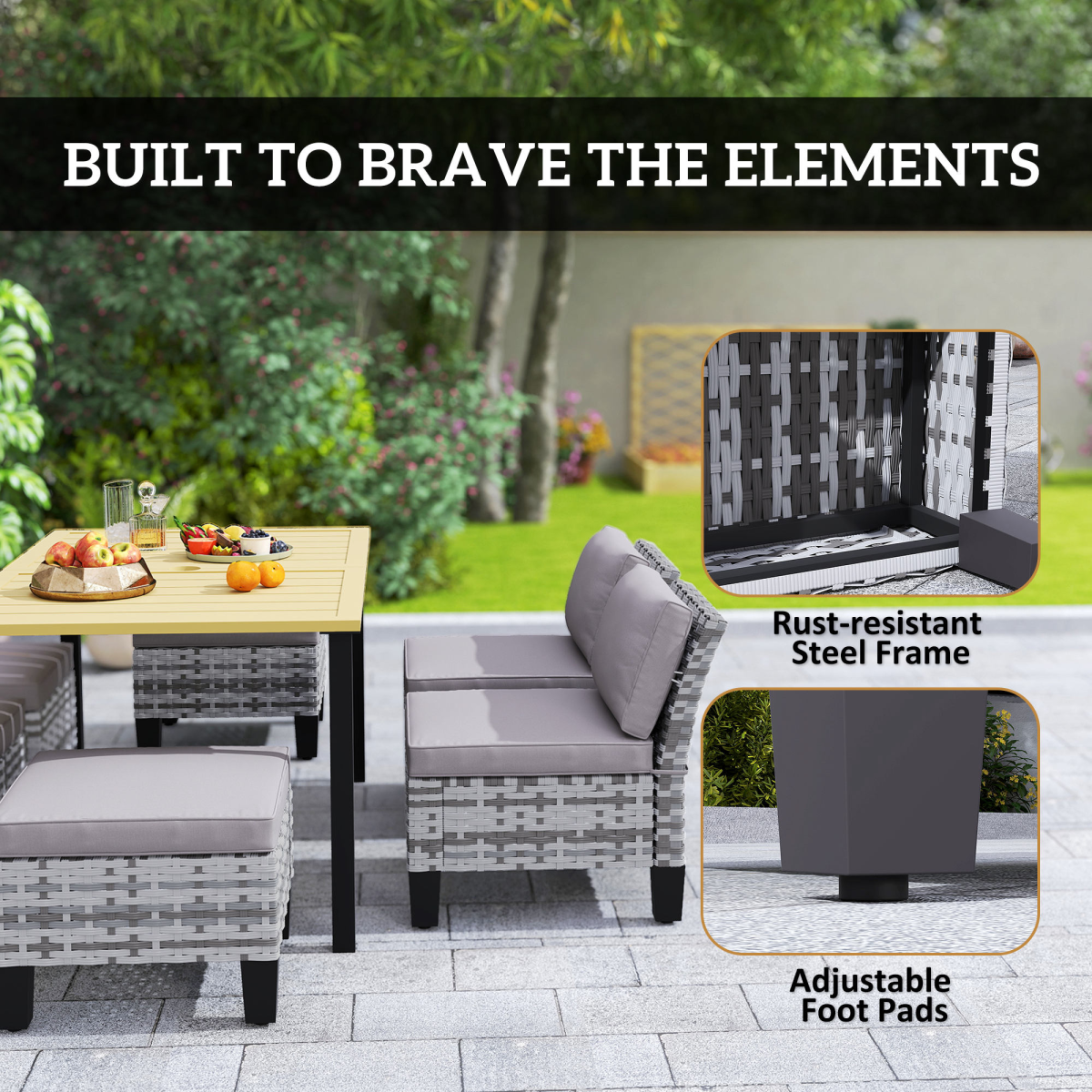 Outsunny 7-Piece Grey Rattan Garden Dining Set, Cushions Included