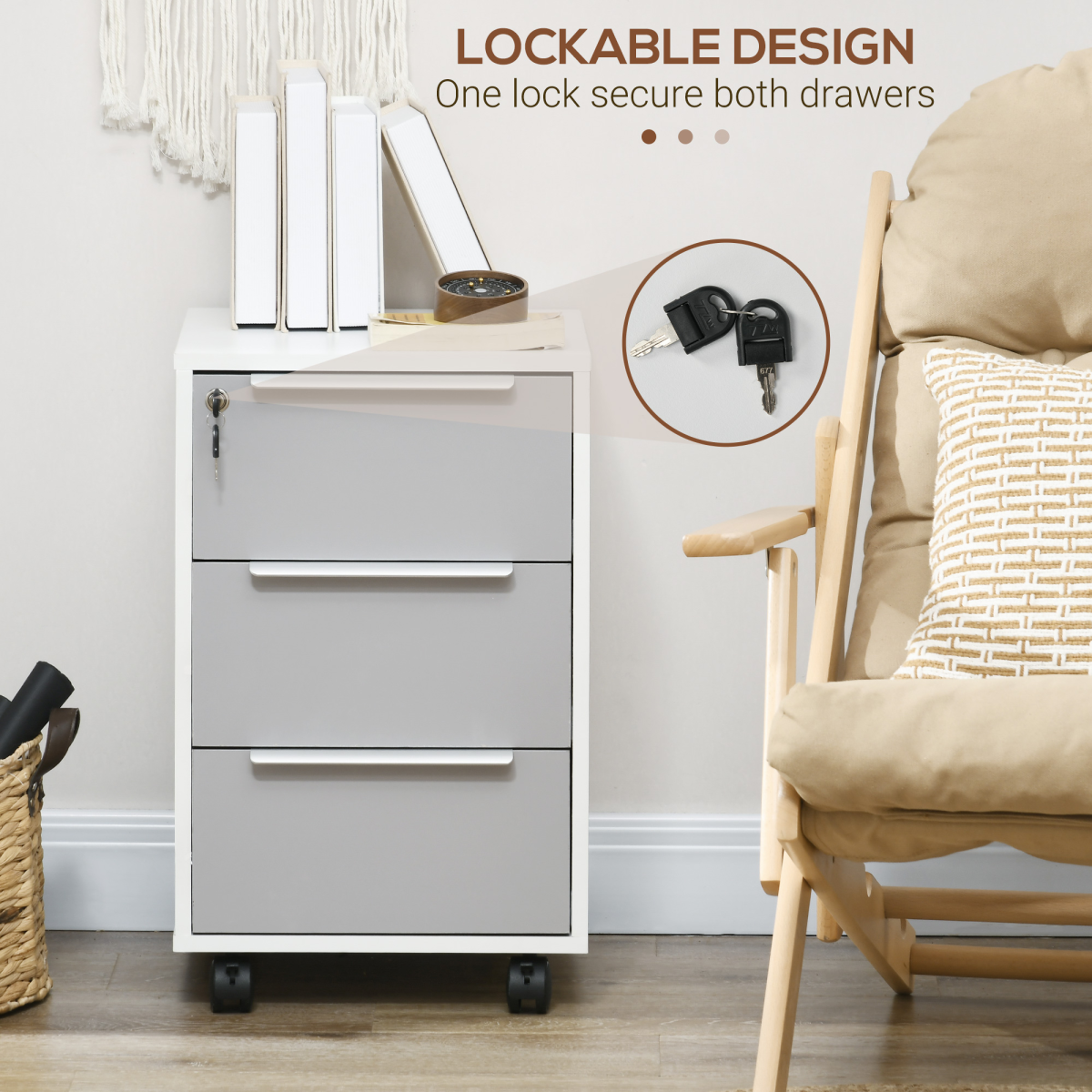 HOMCOM 3-Drawer Locking Mobile File Cabinet with Wheels