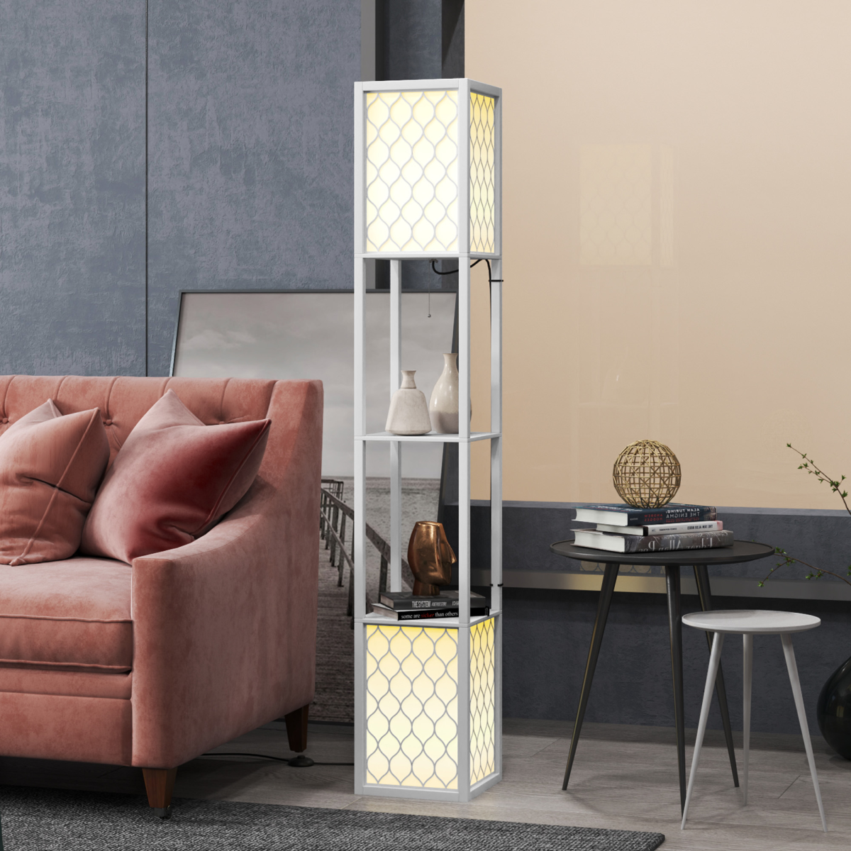 HOMCOM Modern 2-Light Floor Lamp with Shelves, White
