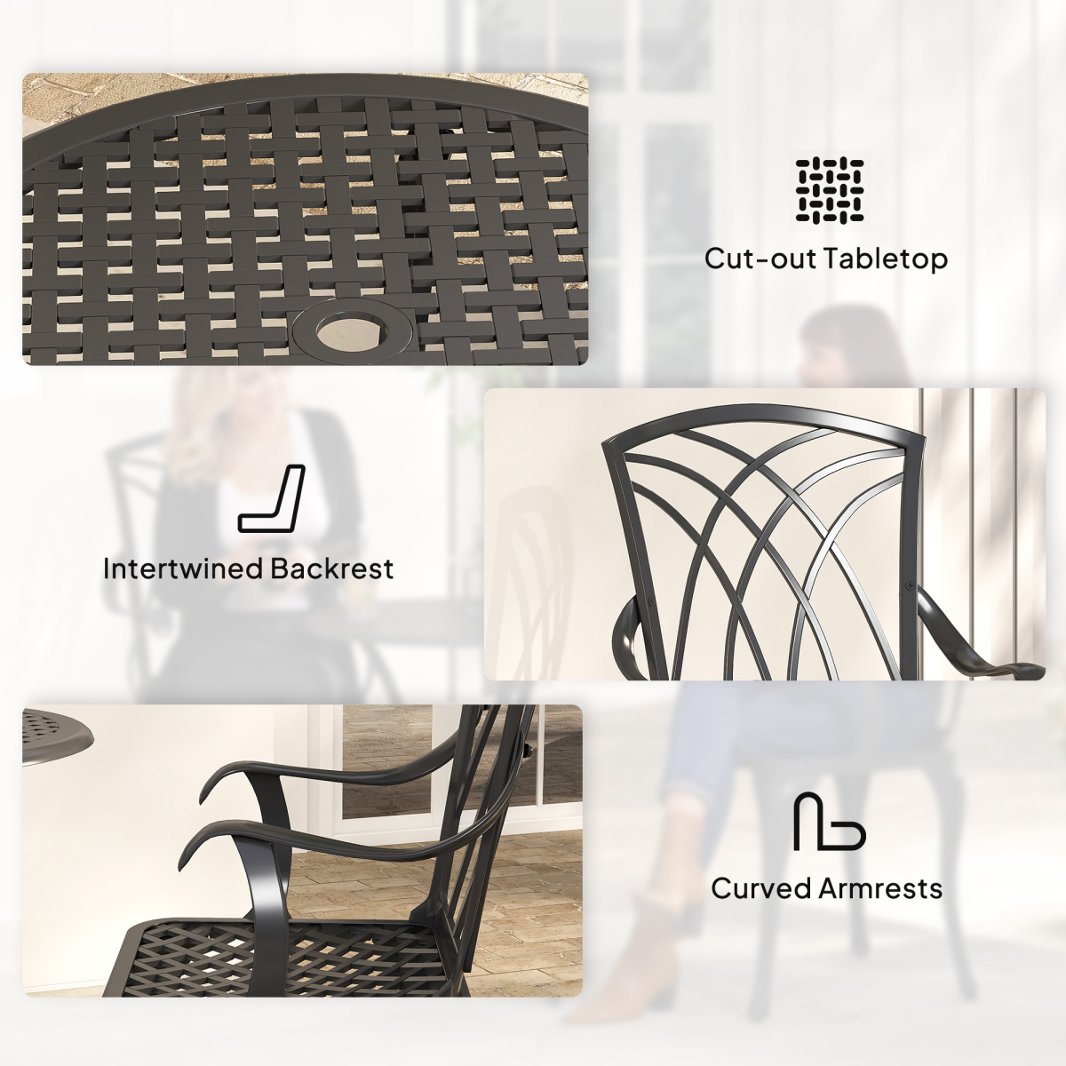 Outsunny Weather-Resistant Cast Aluminium 2-Seater Outdoor Garden Table and 2 Chairs Set with Umbrella Hole