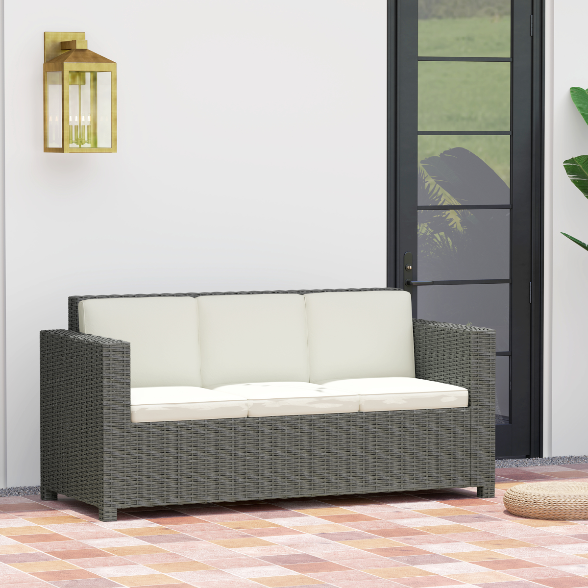 Outsunny 3-Seater PE Rattan Patio Sofa with Cushions, Cream