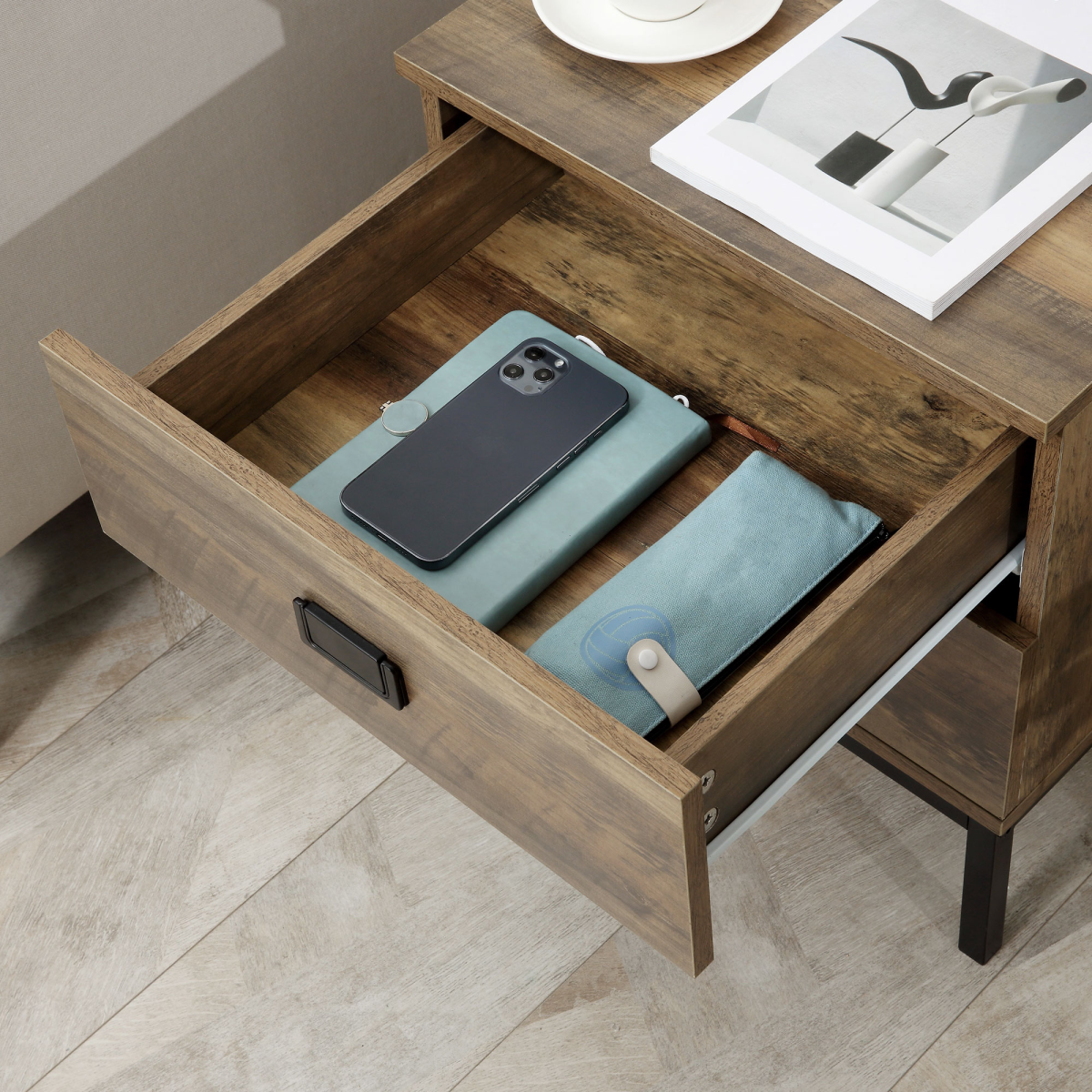 HOMCOM Metal Frame Bedside Table with 2 Drawers and Storage