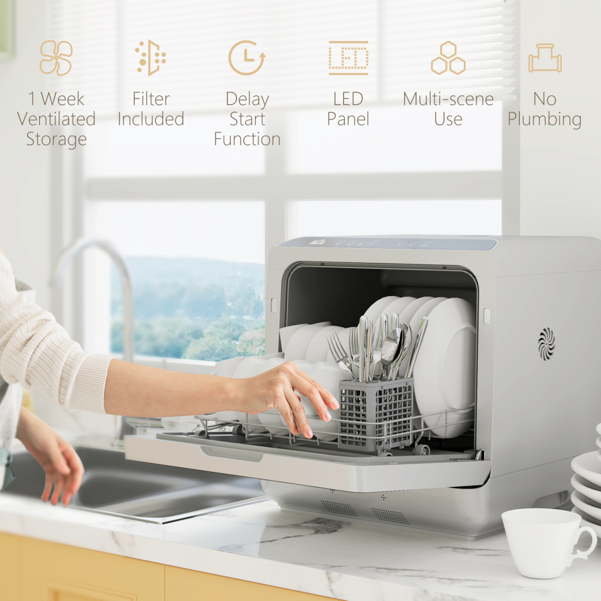 HOMCOM Countertop Dishwasher, 4 Place Settings, 6 Programs, Silver Tone