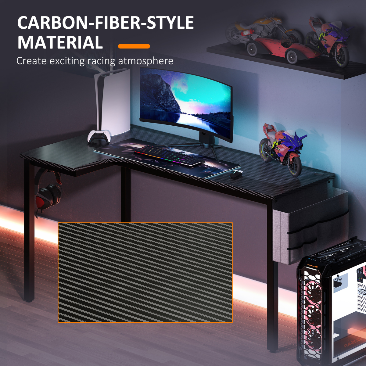 HOMCOM L-Shaped Corner Computer Desk with Fabric Bag & Hooks, Black