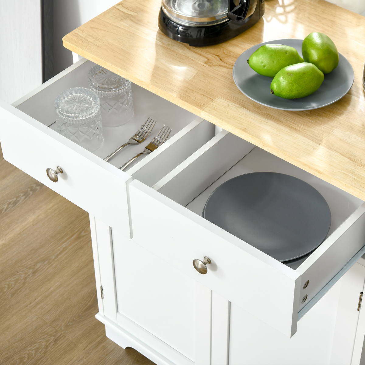 HOMCOM Kitchen Cupboard Side Cabinet Island with Adjustable Shelf, 2 Drawers, 2 Doors, MDF and Rubber Wood Top