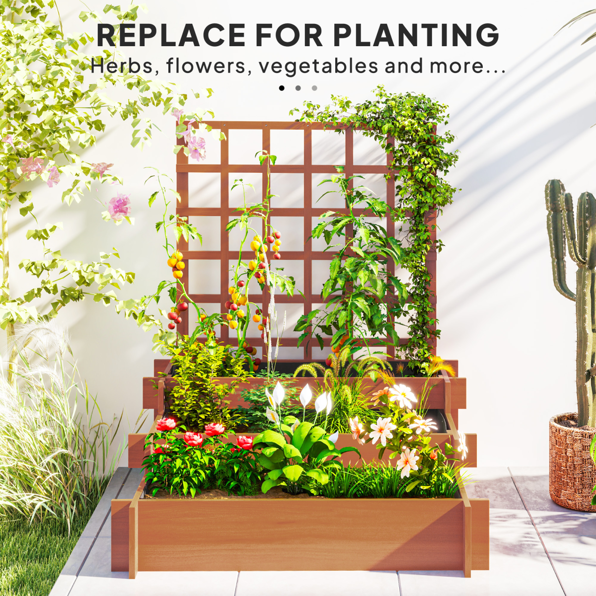 Outsunny Fir Wood Climbing Plant Trellis with 3 Planters, Brown