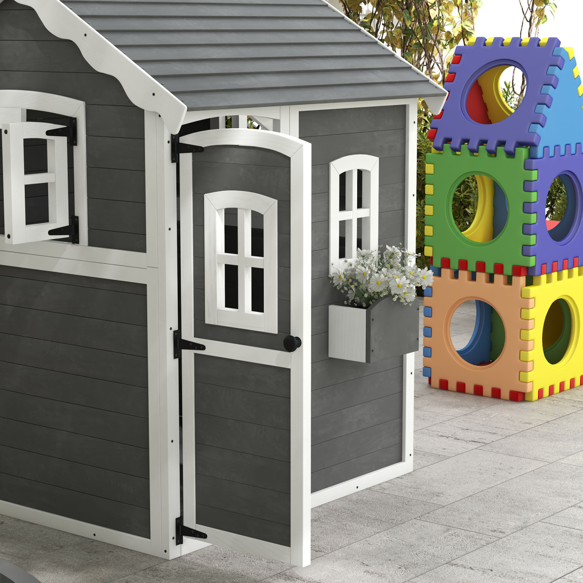 Outsunny Wooden Kids Wendy House with Floor, Grey