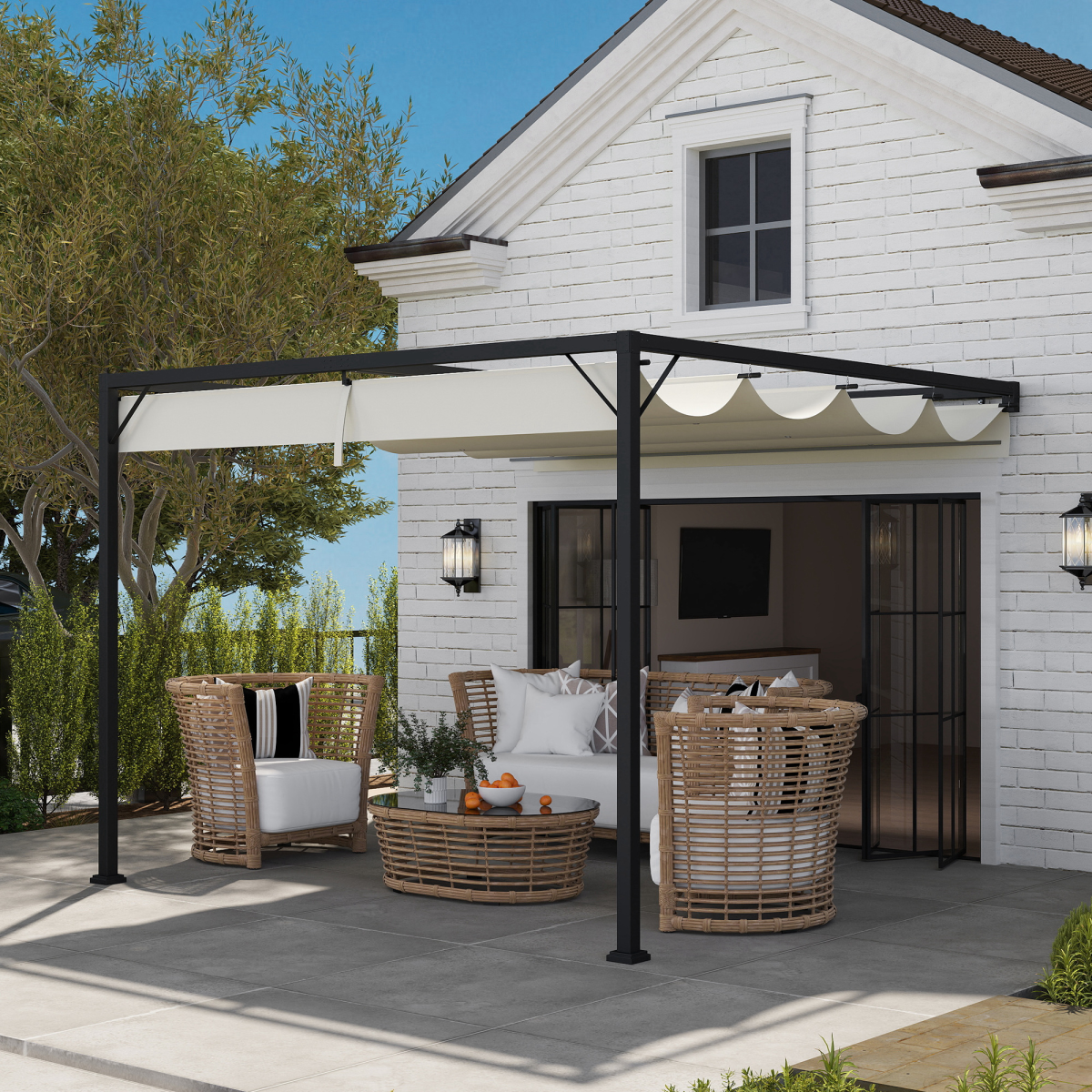 Outsunny 3x3m Wall-Mounted Pergola with Retractable Canopy, Cream White