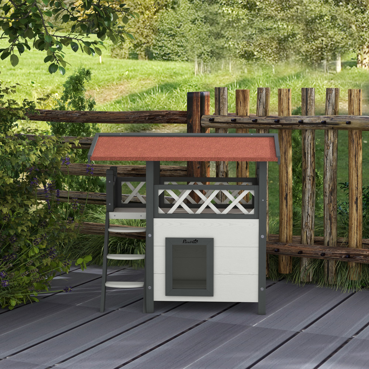 PawHut Outdoor Cat House with Balcony Stairs Roof, White